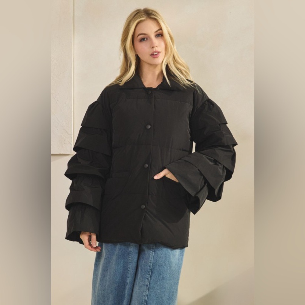 #136 Ruffle Puffer Jacket- Black - Picture 3 of 6